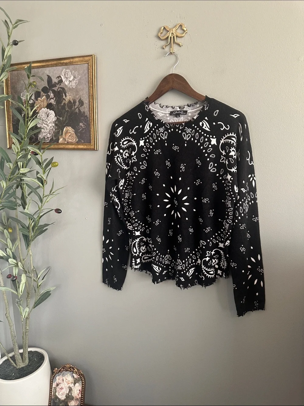 Charlie B Bandana Print Distressed Knit Sweater Black White Frayed Trim S